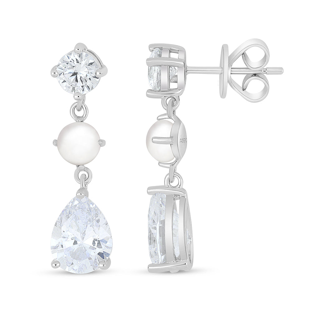 Sterling Silver 925 Earring Rhodium Plated Embedded With Natural White Pearl And White Zircon