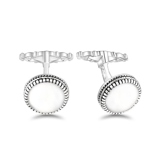 Sterling Silver 925 Cufflink Rhodium Plated Embedded With White Shell