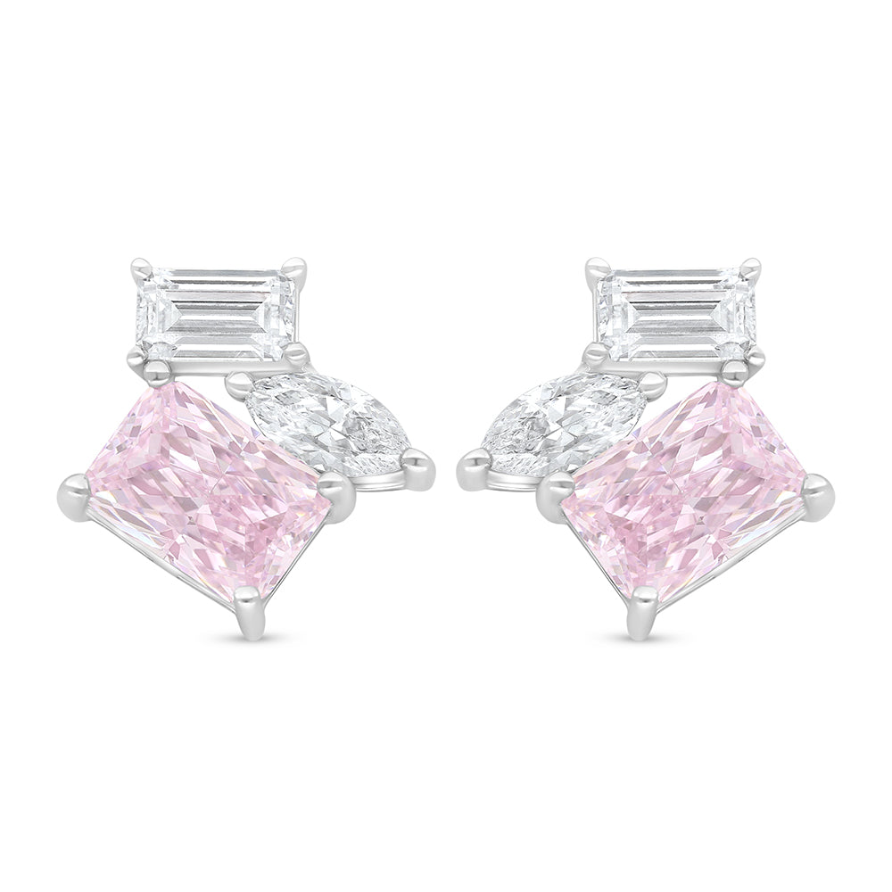 Sterling Silver 925 Earring Rhodium Plated Embedded With Pink Zircon And White Zircon