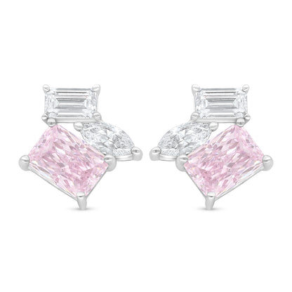 Sterling Silver 925 Earring Rhodium Plated Embedded With Pink Zircon And White Zircon