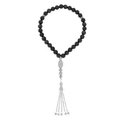 Rosary 33 Sterling Silver 925 Set Oxidized Embedded With Obsidian Bead 10 ML LOGO