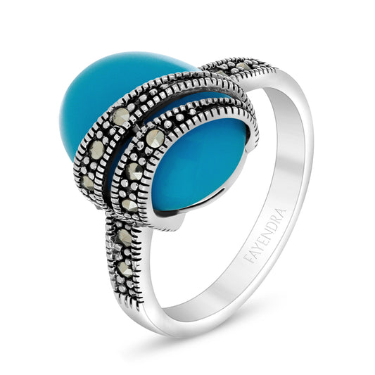 Sterling Silver 925 Ring Embedded With Natural Processed Turquoise And Marcasite Stones