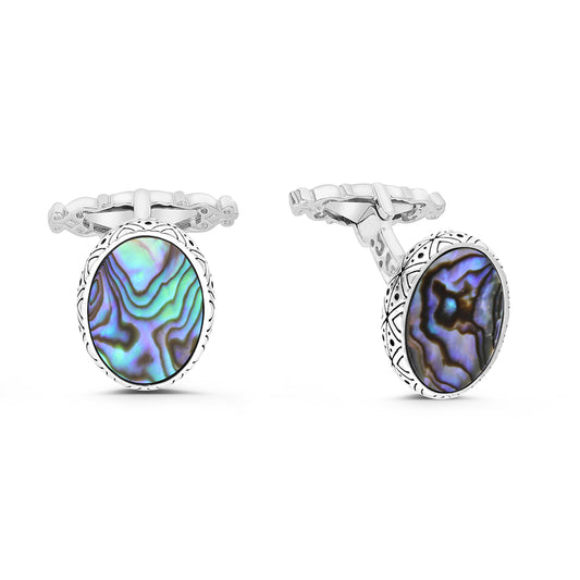 Sterling Silver 925 Cufflink Rhodium And Black Plated Embedded With Blue Shell