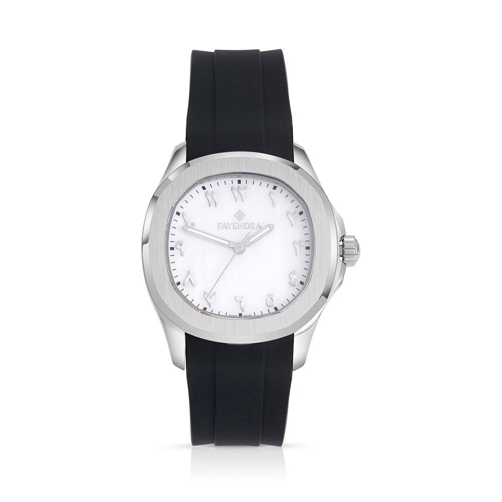 tainless Steel 316L Watch Silver Color, Black Rubber Strap For Men - WHITE MOP DIAL