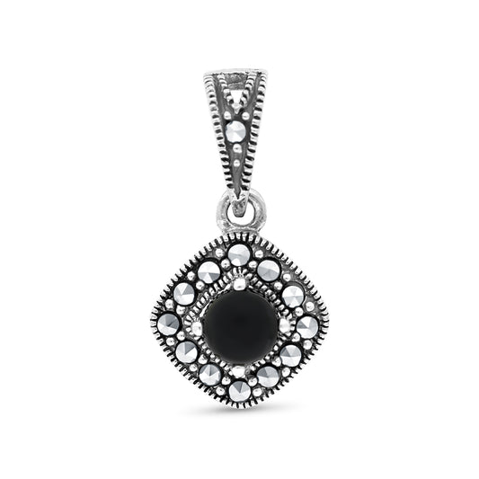 Sterling Silver 925 Pendant Embedded With Natural Black Agate And Marcasite Stones