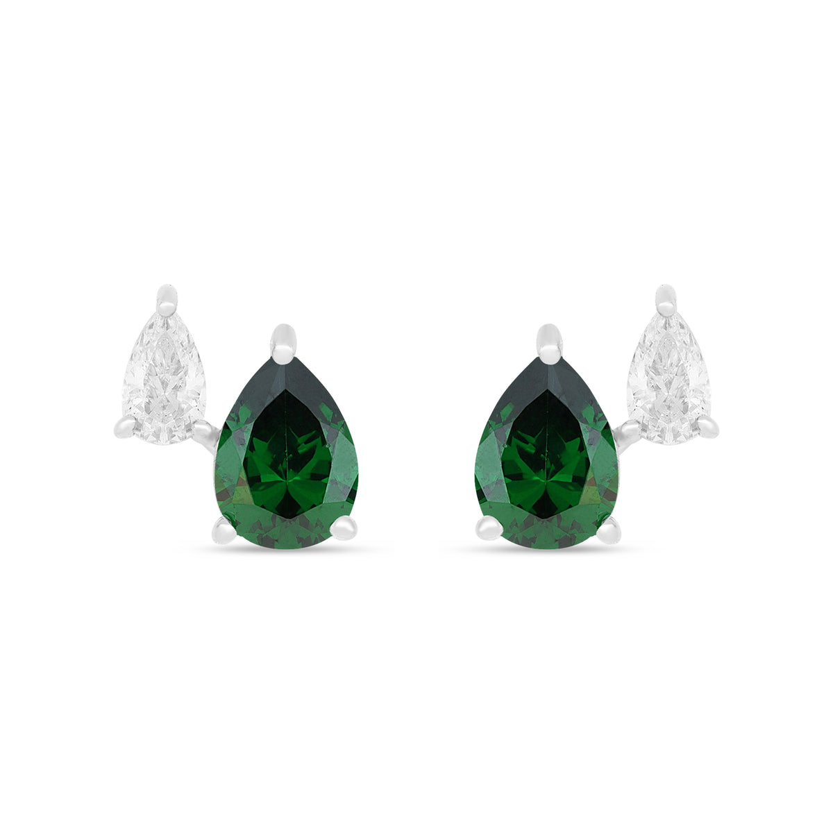 Sterling Silver 925 Earring Rhodium Plated Embedded With Emerald Zircon And White Zircon