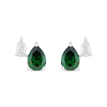 Sterling Silver 925 Earring Rhodium Plated Embedded With Emerald Zircon And White Zircon