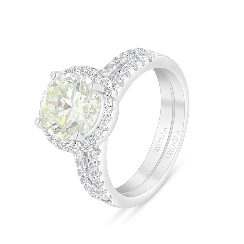 Sterling Silver 925 Ring (Twins) Rhodium Plated  Embedded With Yellow Diamond And White Zircon