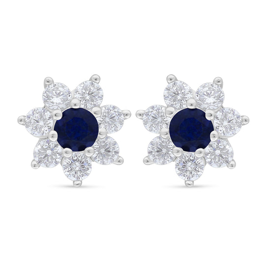 Sterling Silver 925 Earring Rhodium Plated Embedded With Sapphire Corundum And White Zircon
