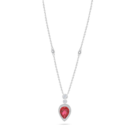 Sterling Silver 925 Necklace Rhodium Plated Embedded With Ruby Corundum And White Zircon