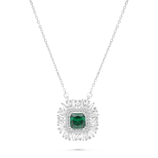 Sterling Silver 925 Necklace Rhodium Plated Embedded With Emerald Zircon And White CZ