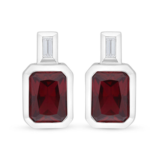 Sterling Silver 925 Earring Rhodium Plated Embedded With Ruby Corundum And White Zircon