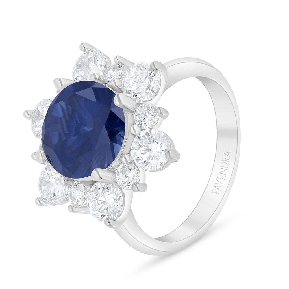 Sterling Silver 925 Ring Rhodium Plated Embedded With Sapphire Corundum And White Zircon
