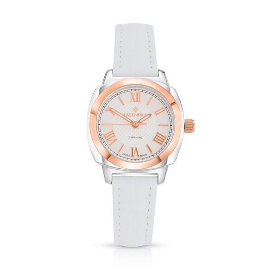 ساعة ستانلس ستيل عيار  L316 بلون فضي و ذهبي روز جلد ابيض - مينا معدنية باللون الابيض