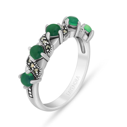 Sterling Silver 925 Ring Embedded With Natural Green Agate And Marcasite Stones
