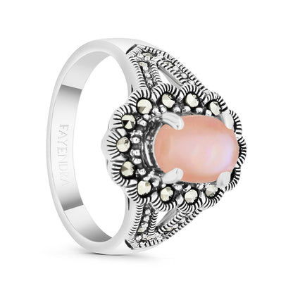 Sterling Silver 925 Ring Embedded With Natural Pink Shell And Marcasite Stones