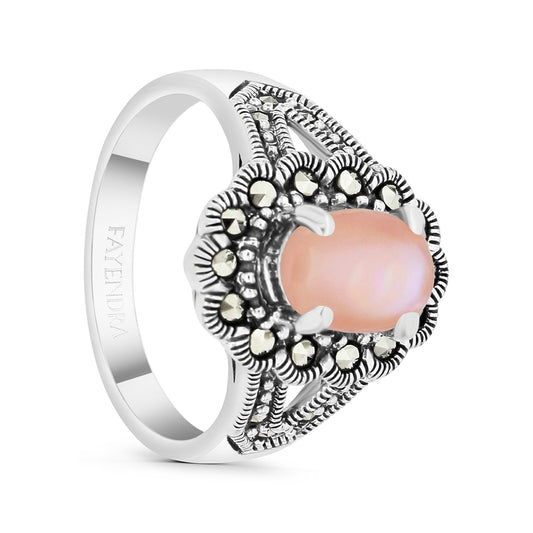 Sterling Silver 925 Ring Embedded With Natural Pink Shell And Marcasite Stones