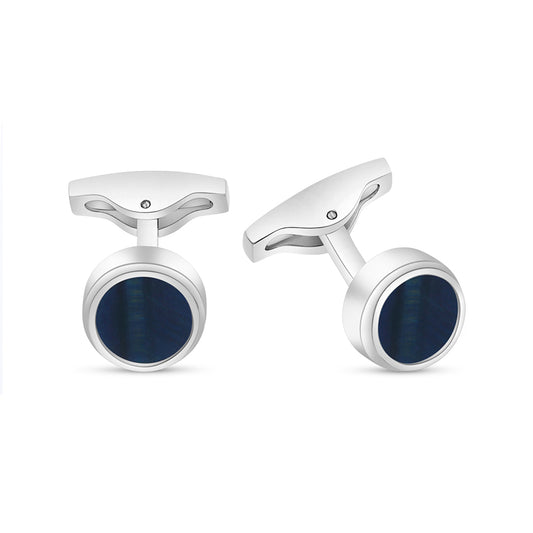 Stainless Steel Cufflink 316L Silver Color Embedded With Blue Tiger Eye Shiny Steel