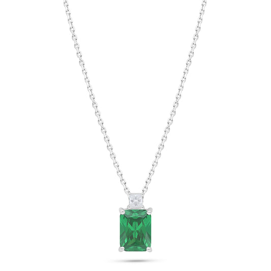 Sterling Silver 925 Necklace Rhodium Plated Embedded With Emerald Zircon And White Zircon
