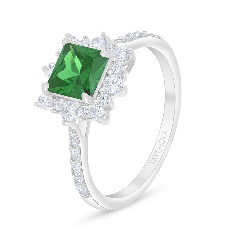 Sterling Silver 925 Ring Rhodium Plated Embedded With Emerald Zircon And White Zircon