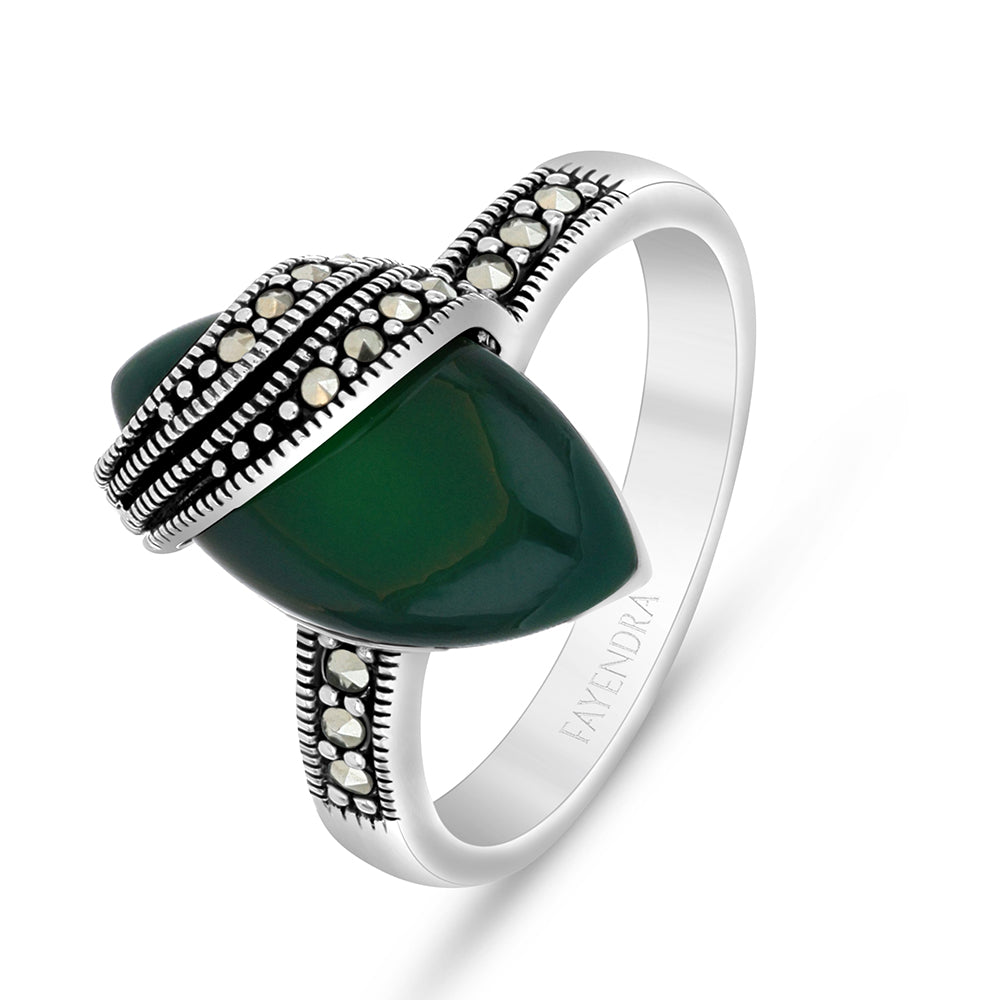 Sterling Silver 925 Ring Embedded With Natural Green Agate And Marcasite Stones