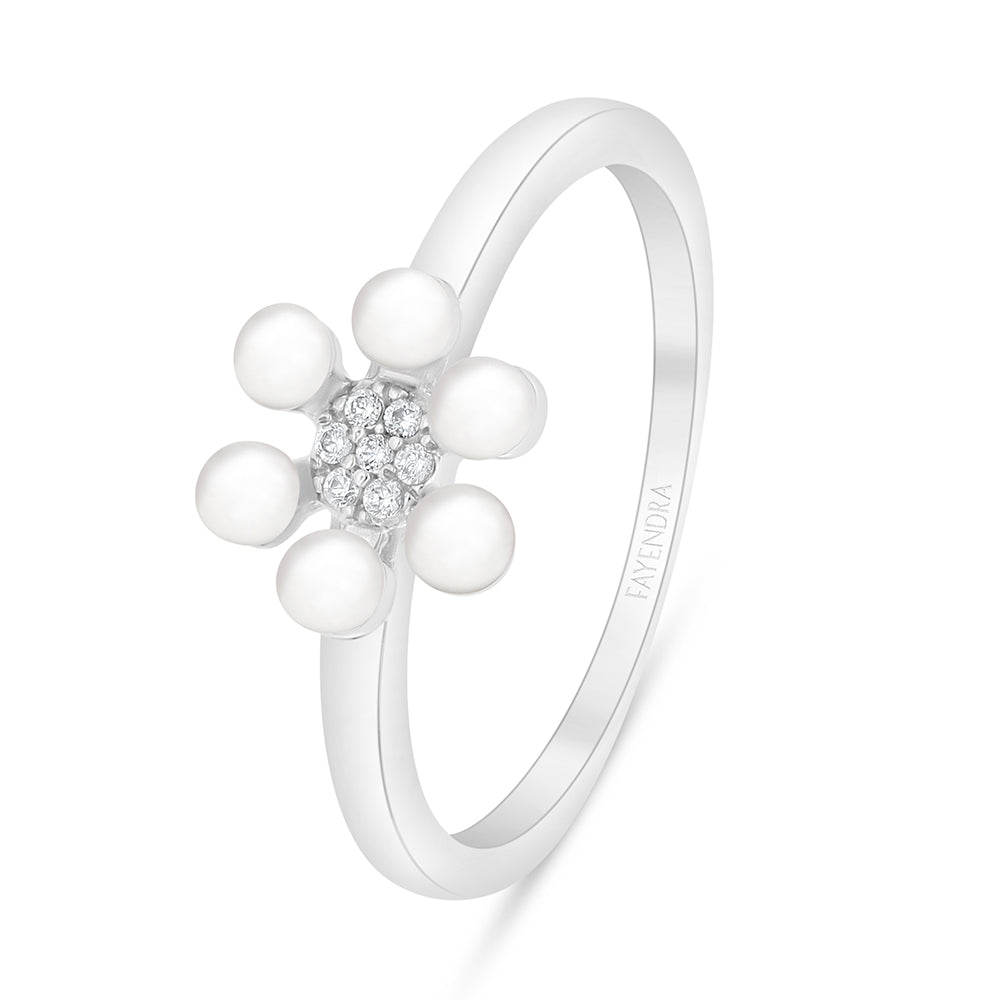 Sterling Silver 925 Ring Rhodium Plated Embedded With Natural White Pearl And White Zircon