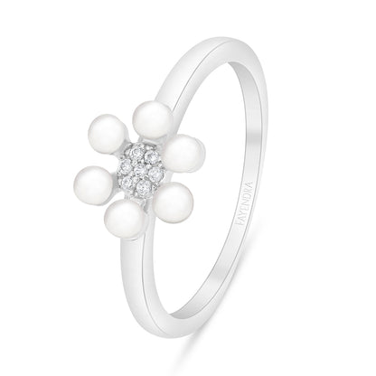 Sterling Silver 925 Ring Rhodium Plated Embedded With Natural White Pearl And White Zircon