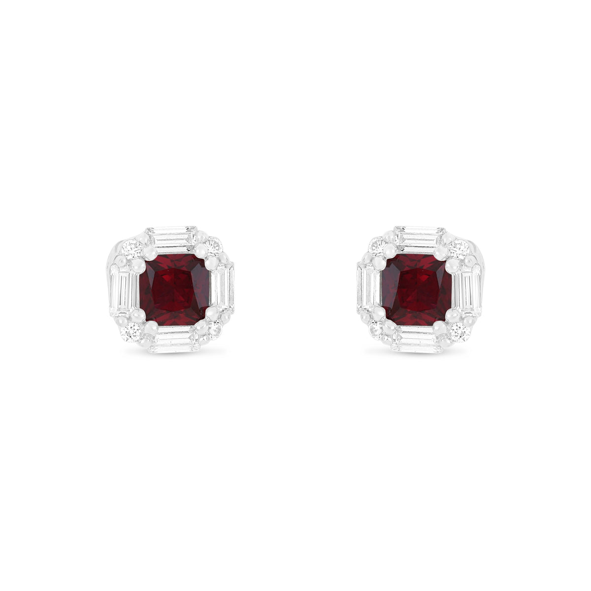Sterling Silver 925 Earring Rhodium Plated Embedded With Ruby Corundum And White Zircon