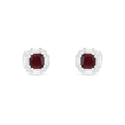 Sterling Silver 925 Earring Rhodium Plated Embedded With Ruby Corundum And White Zircon