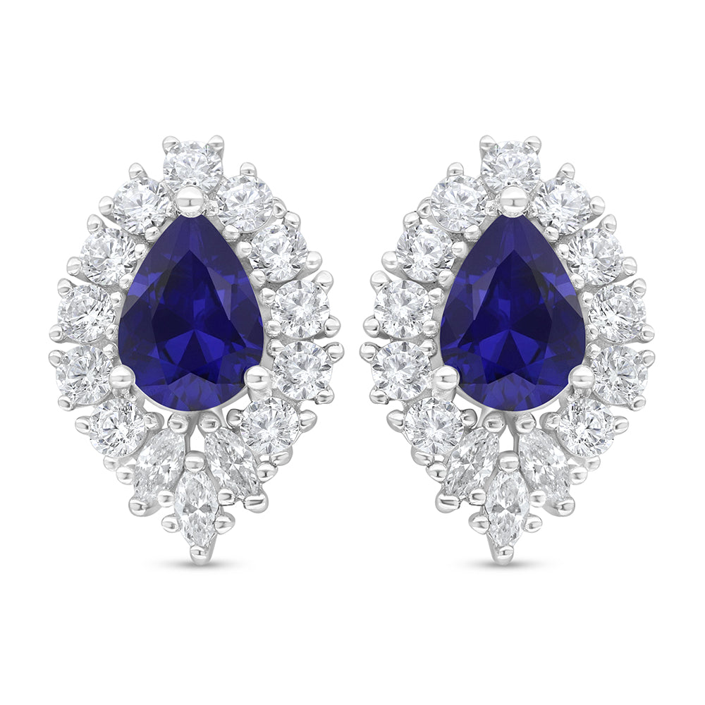 Sterling Silver 925 Earring Rhodium Plated Embedded With Sapphire Corundum And White Zircon