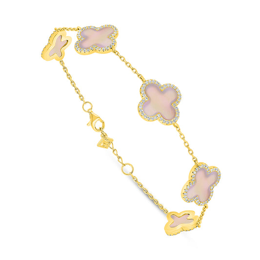 Sterling Silver 925 Bracelet Golden Plated Embedded With Pink Shell And White Zircon