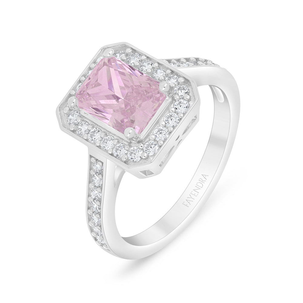 Sterling Silver 925 Ring Rhodium Plated Embedded With Pink Zircon And White Zircon