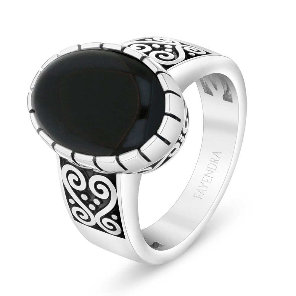 Sterling Silver 925 Ring Rhodium And Black Plated Embedded With Cabochon Black Agate For Men