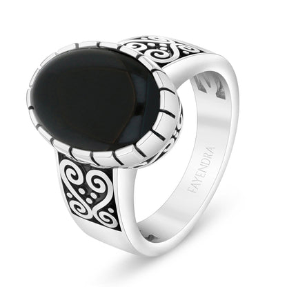 Sterling Silver 925 Ring Rhodium And Black Plated Embedded With Cabochon Black Agate For Men
