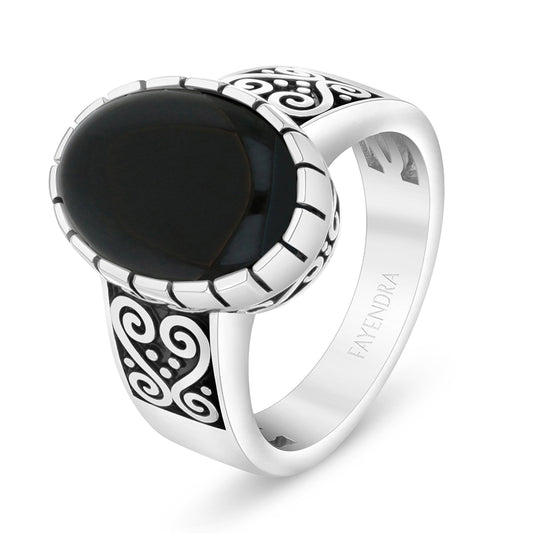 Sterling Silver 925 Ring Rhodium And Black Plated Embedded With Cabochon Black Agate For Men