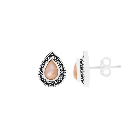 Sterling Silver 925 Earring Embedded With Natural Pink Shell And Marcasite Stones