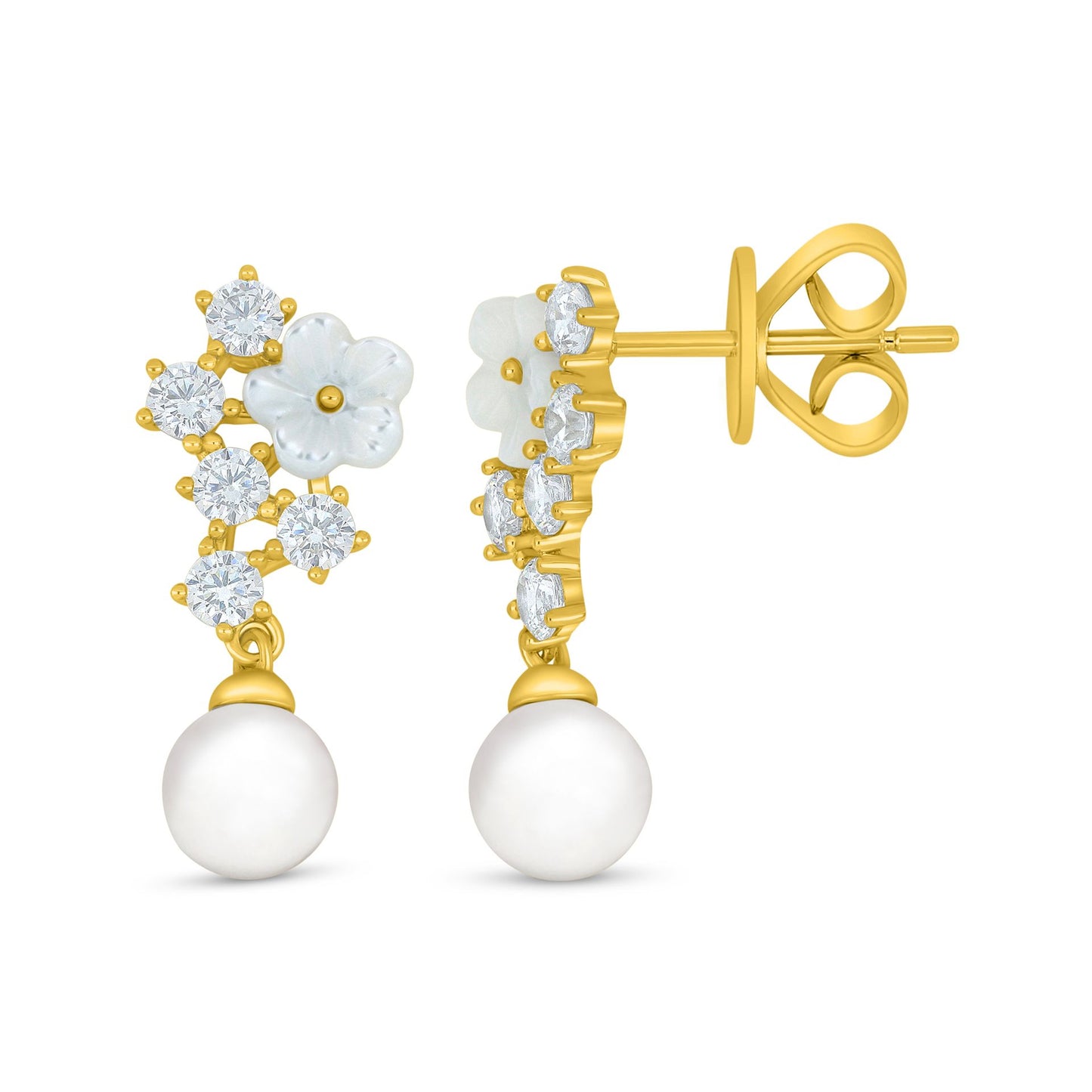 Sterling Silver 925 Earring Golden Plated Embedded With Natural White Pearl And White Shell
