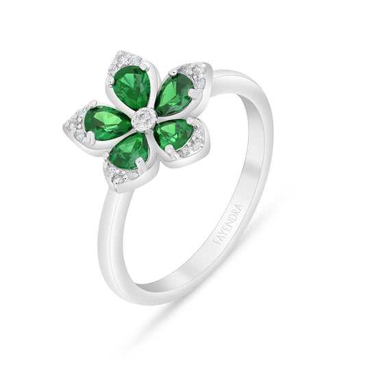 Sterling Silver 925 Ring Rhodium Plated Embedded With Emerald Zircon And White Zircon