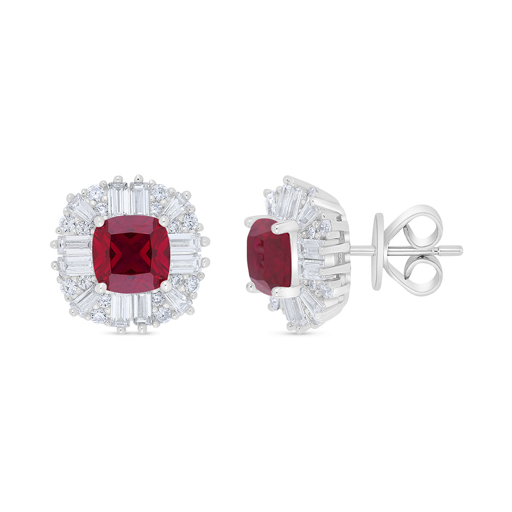 Sterling Silver 925 Earring Rhodium Plated Embedded With Ruby Corundum And White Zircon