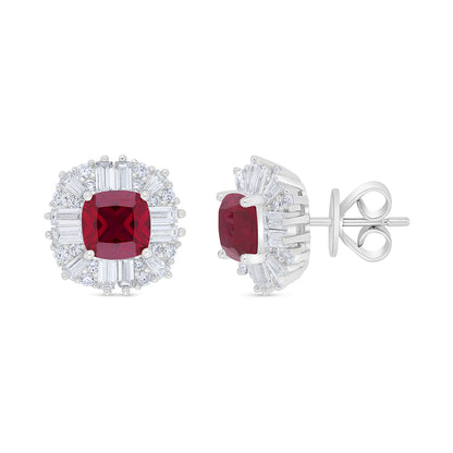 Sterling Silver 925 Earring Rhodium Plated Embedded With Ruby Corundum And White Zircon