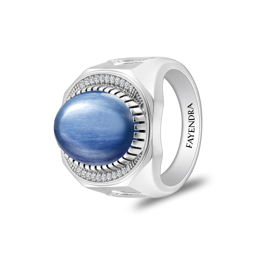 خاتم رجالي من الفضة الخالصة عيار 925 مطلي روديوم مرصع احجار كيانيت طبيعي كابشون و فص ابيض