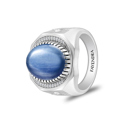 خاتم رجالي من الفضة الخالصة عيار 925 مطلي روديوم مرصع احجار كيانيت طبيعي كابشون و فص ابيض