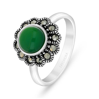 Sterling Silver 925 Ring Embedded With Natural Green Agate And Marcasite Stones