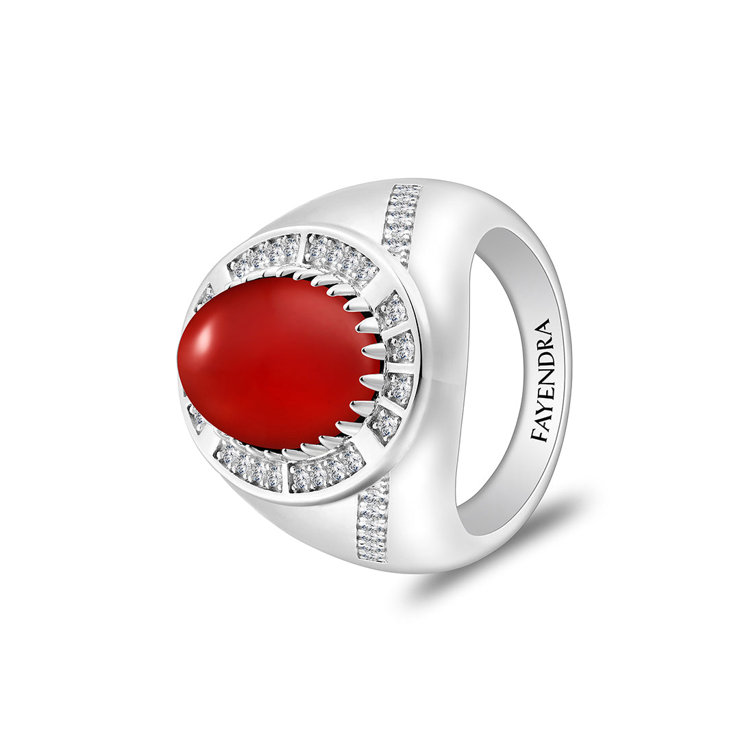 خاتم رجالي من الفضة الخالصة عيار 925 مطلي روديوم مرصع احجار عقيق احمر كابشون و فص ابيض