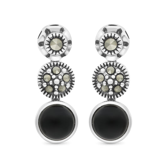 Sterling Silver 925 Earring Embedded With Natural Black Agate And Marcasite Stones