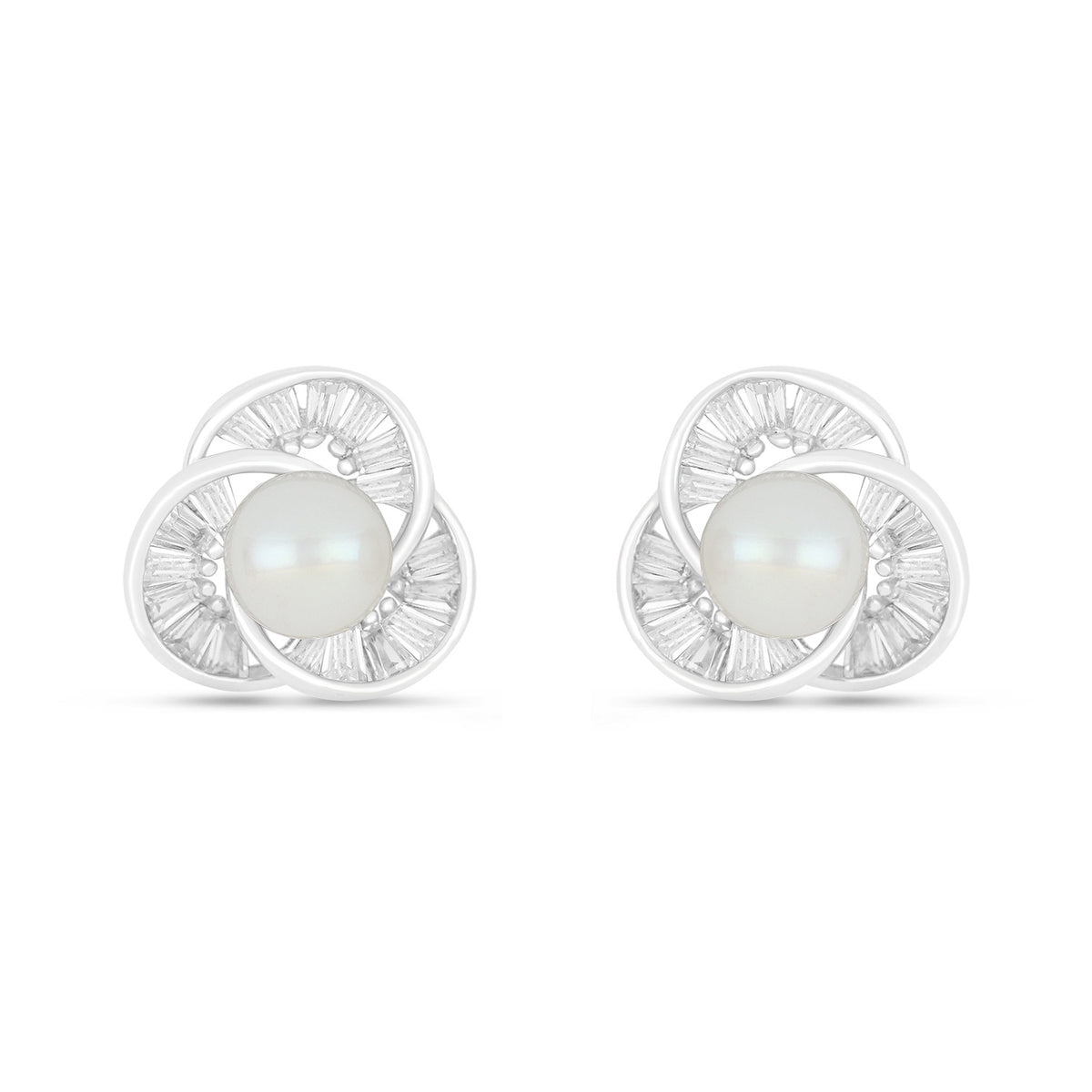 Sterling Silver 925 Earring Rhodium Plated Embedded With Natural White Pearl And White Zircon