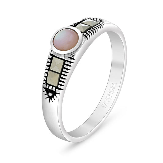 Sterling Silver 925 Ring Embedded With Natural Pink Shell And Marcasite Stones