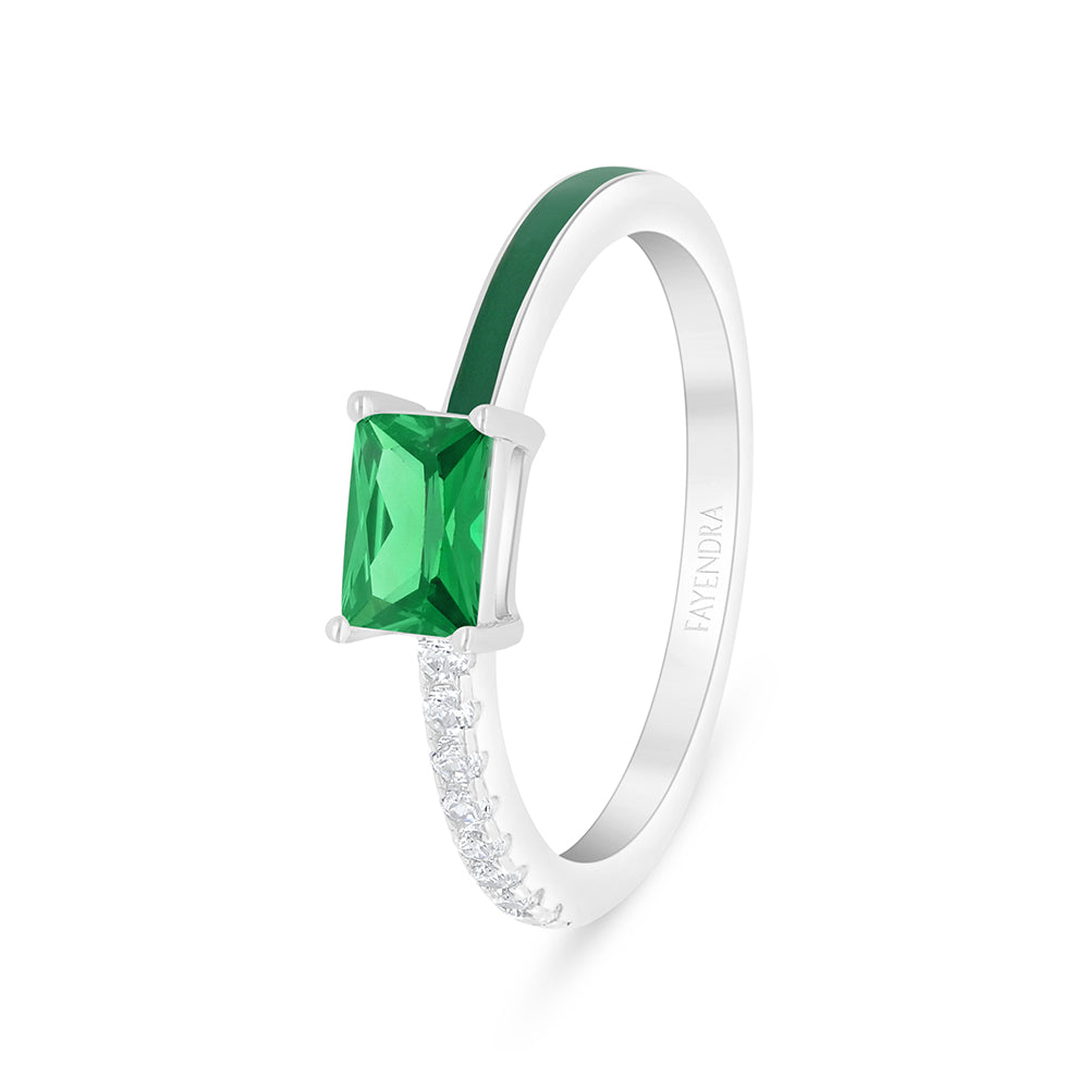 خاتم من الفضة الخالصة عيار 925 مطلي روديوم مرصع زركون زمردي و انميل اخضر و فص ابيض