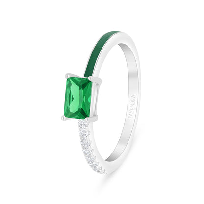 خاتم من الفضة الخالصة عيار 925 مطلي روديوم مرصع زركون زمردي و انميل اخضر و فص ابيض