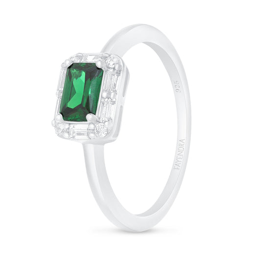 Sterling Silver 925 Ring Rhodium Plated Embedded With Emerald Zircon And White Zircon